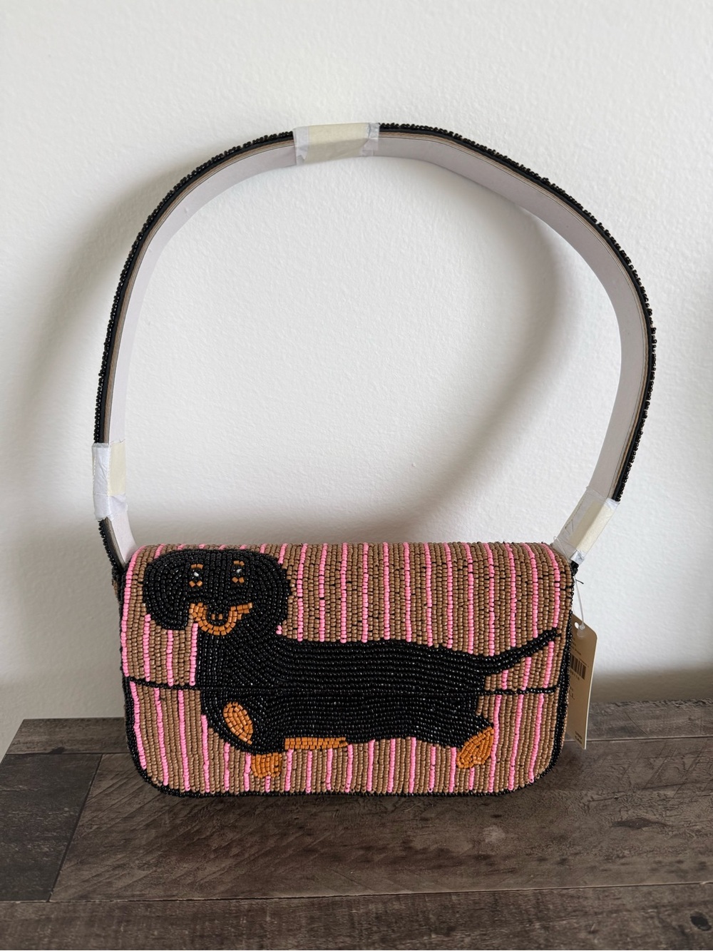 Anthropologie Pink & Black Beaded Dachshund Shoulder Bag